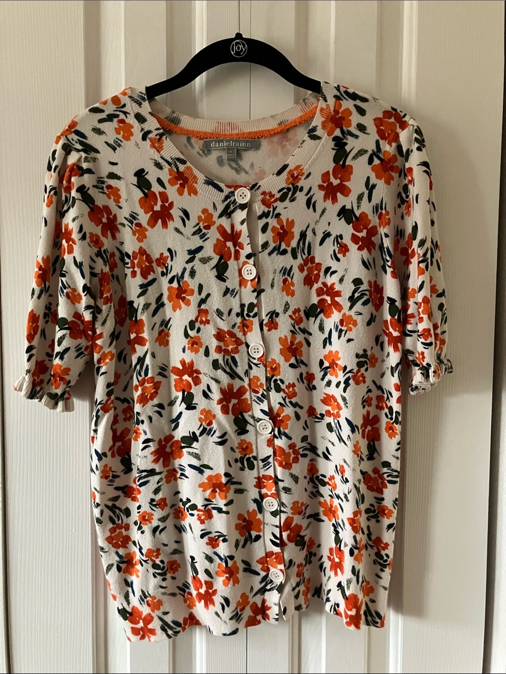 Daniel Rainn Cream Short-Sleeve Button-Up Top with Orange Floral Print
